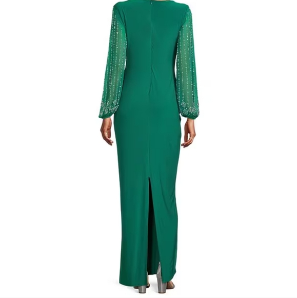 Marina Boat Neck Long Beaded Elastic Cuff Sleeve Matte Jersey Back Slit MidDress - Picture 4 of 12